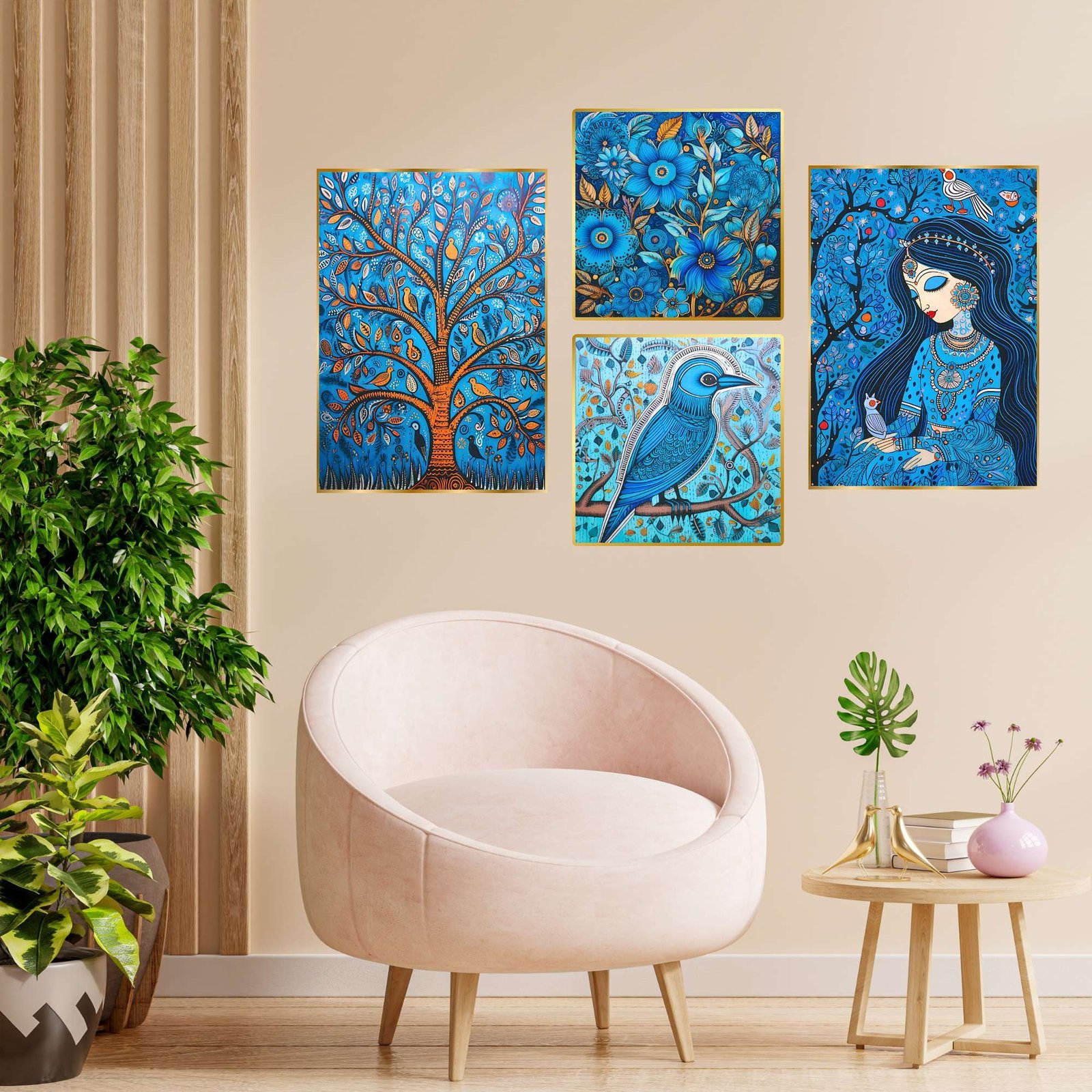 Set of Four Wall Paintings for Wall Dacoration Golden Framed Wall Paintings for Living Room & Bedroom Wall Art for Home Decoration & Office Wall Décor (13×10 inch CH-GD4-2)