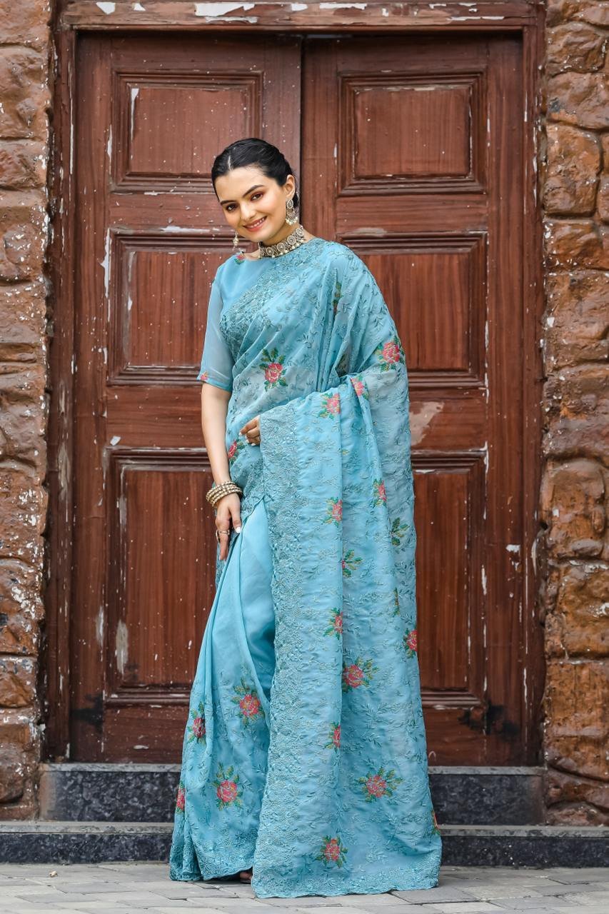 Women’s Elegant Sage Green Georgette Saree with Delicate Floral Embroidery & Sequin Work – Perfect for Summer Festivities & Day Events
