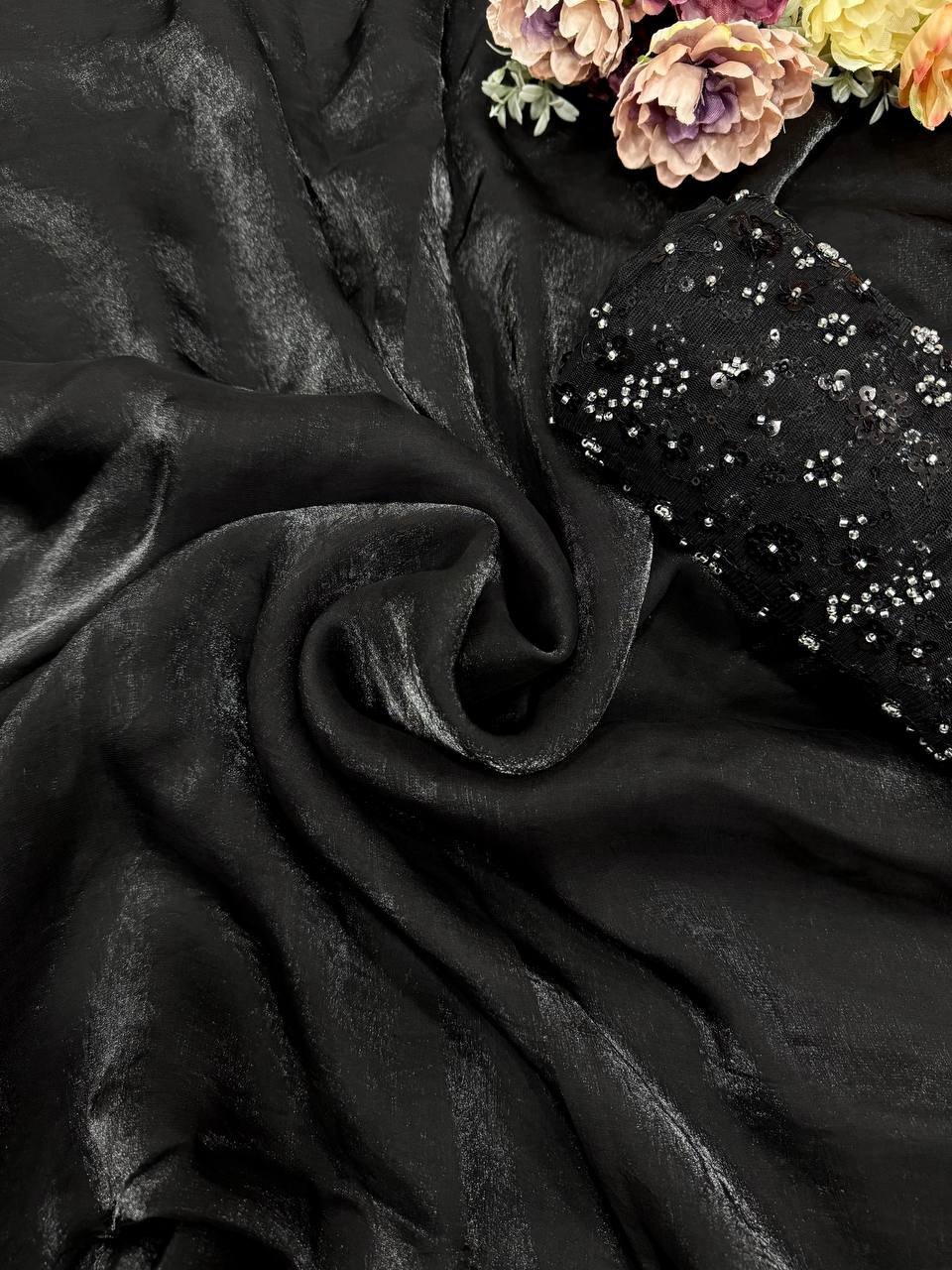 Women’s Classic Black Shimmer Saree with All-Over Sequin Embellished Blouse Piece