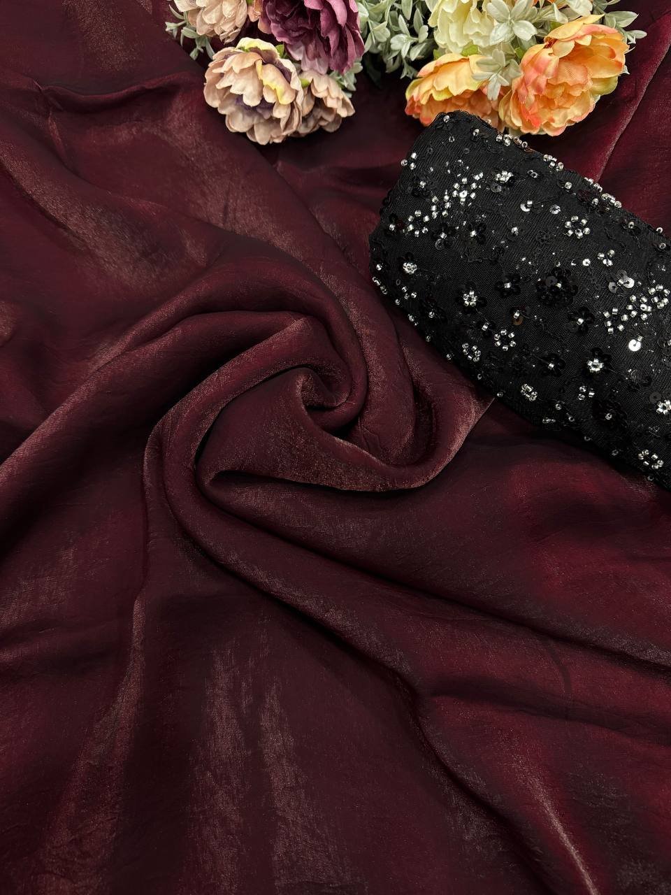 Women’s Rich Wine Tissue Silk Saree with All-Over Sequin Embroidered Blouse Piece