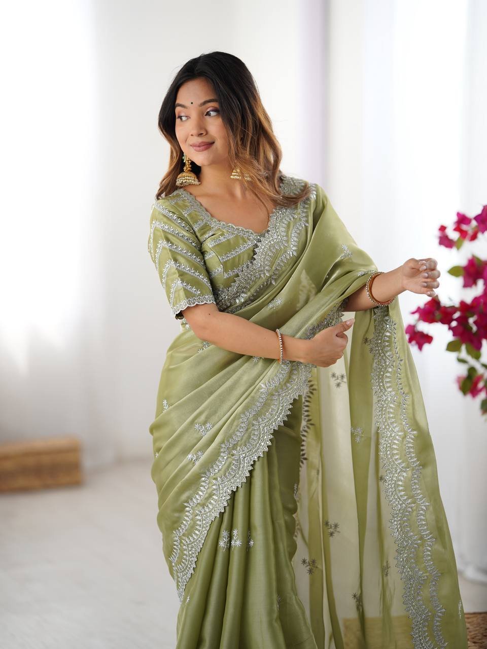 Women’s Elegant Regal Purple Georgette Saree with Intricate Silver Thread & Sequin Embroidery – Complete with Embellished Blouse Piece for Festive & Party Wear