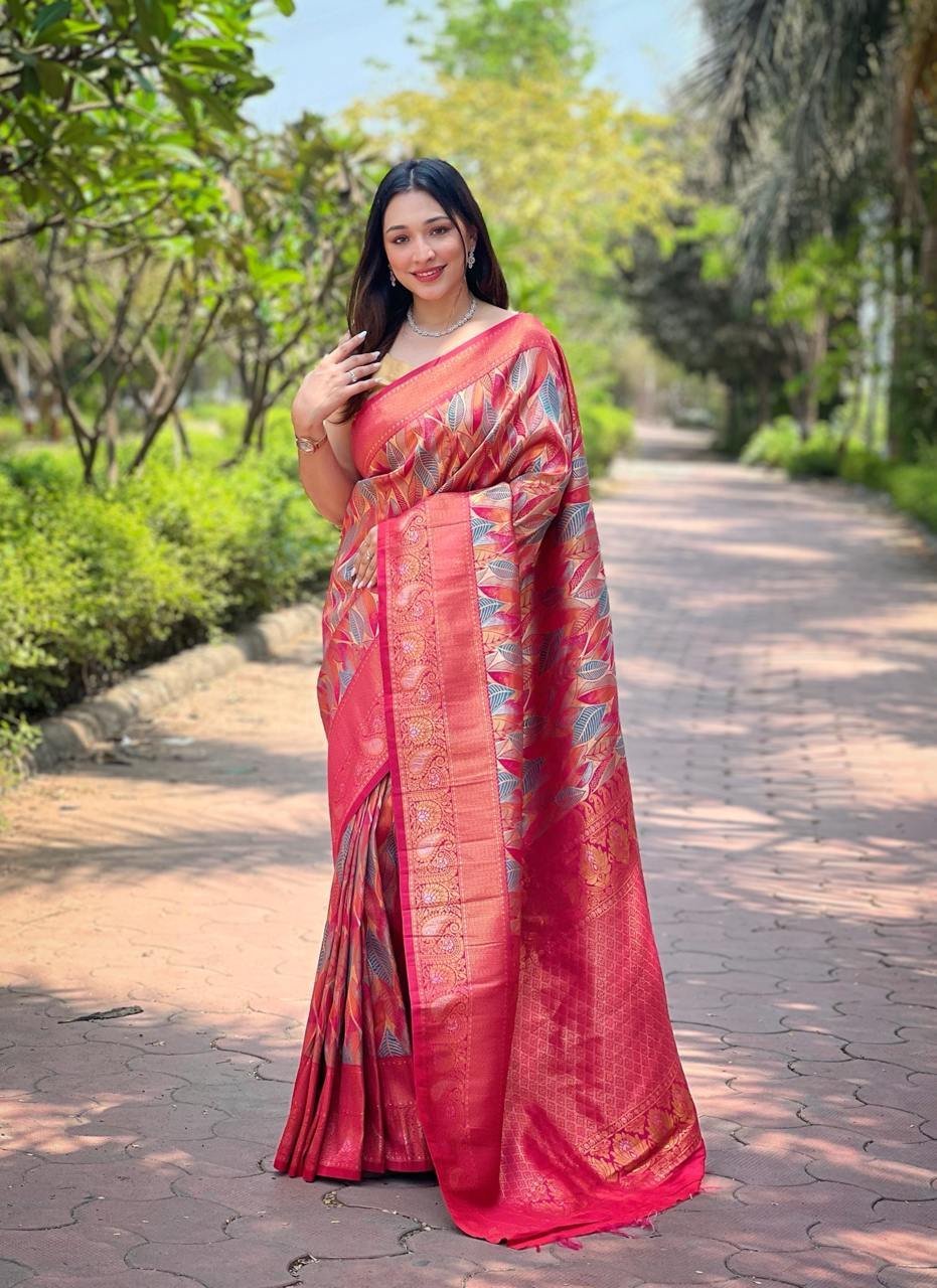 Women’s Luxurious Pista Green & Pink Art Silk Saree with Intricate Leaf Weave & Broad Zari Border – Ideal for Festive & Wedding Occasions