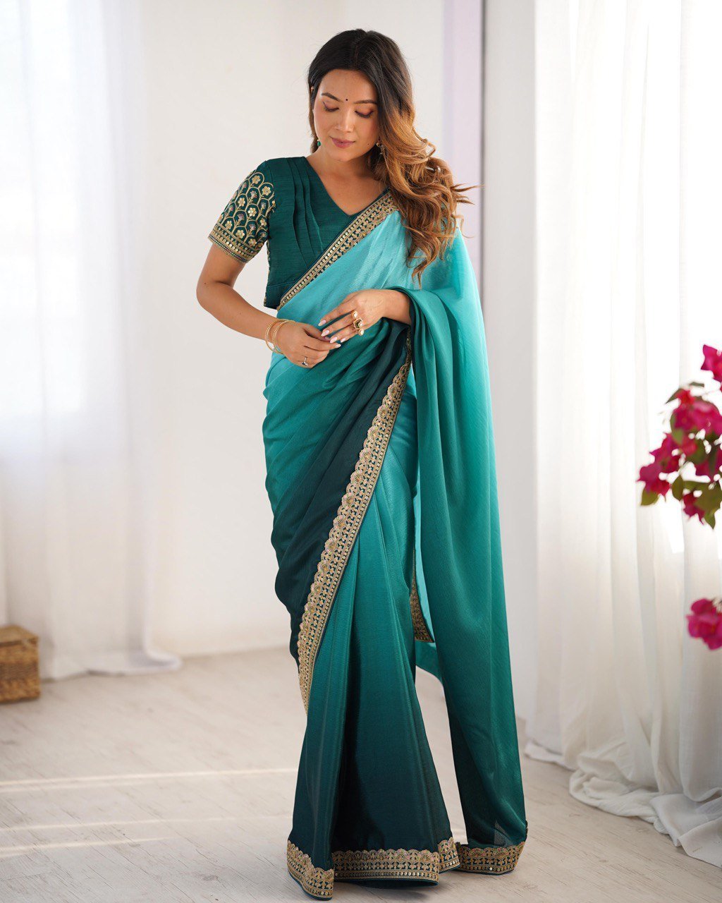 Women’s Elegant Ombre Green Georgette Saree with Intricate Golden Zari & Stone Embellishments – Complete with Heavily Worked Blouse for Festive & Wedding Wear