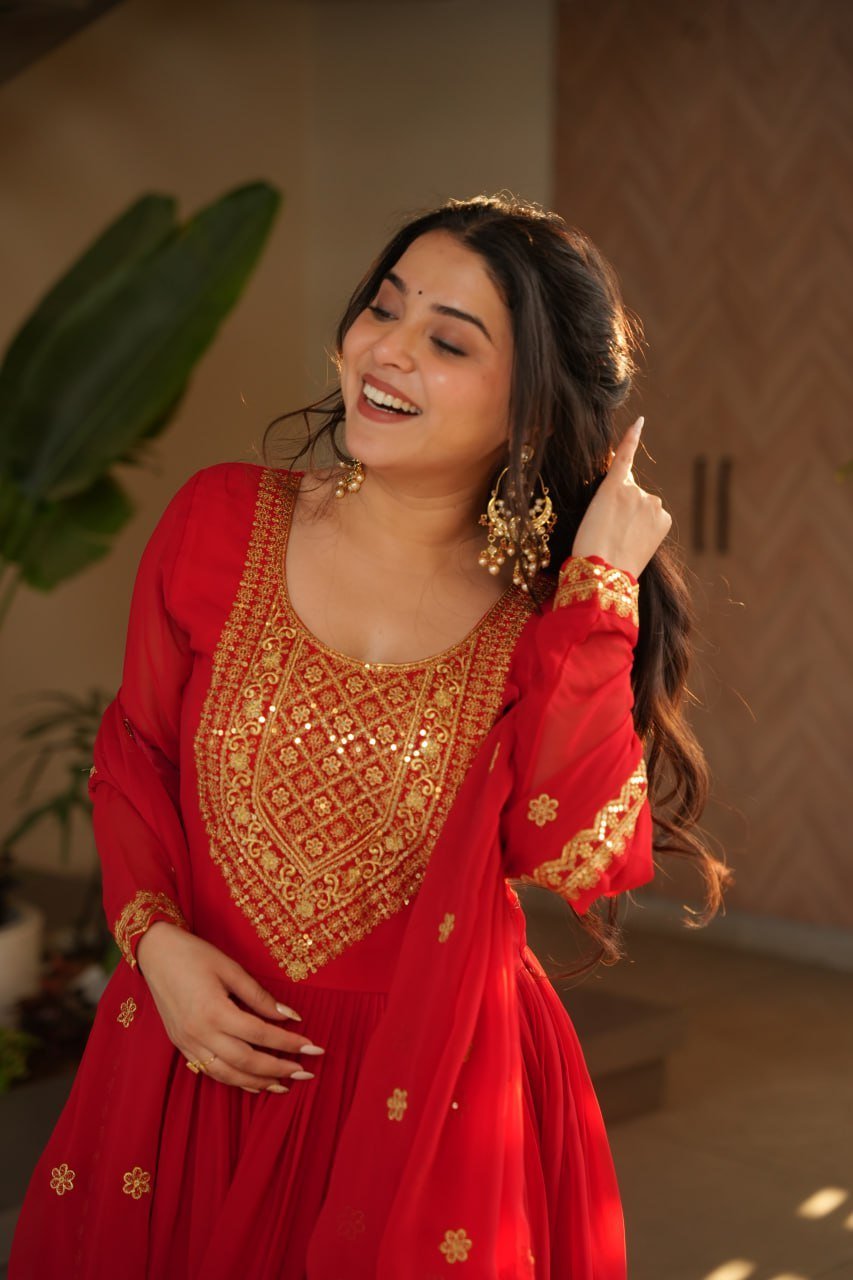 Women’s Radiant Red Anarkali Suit Set with Golden Zari & Sequin Embroidery – Perfect for Festive & Wedding Occasions