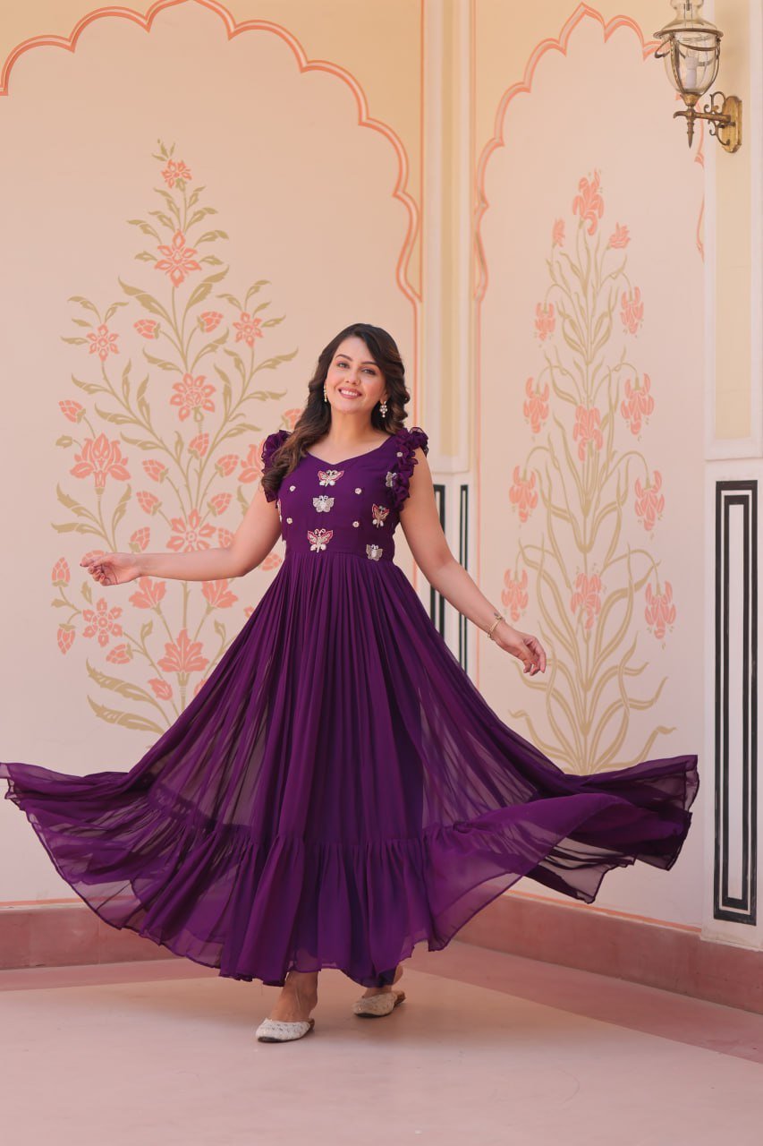 Women’s Elegant Plum Purple Georgette Anarkali Gown with Butterfly Applique & Ruffle Sleeves – Festive & Special Occasion Wear