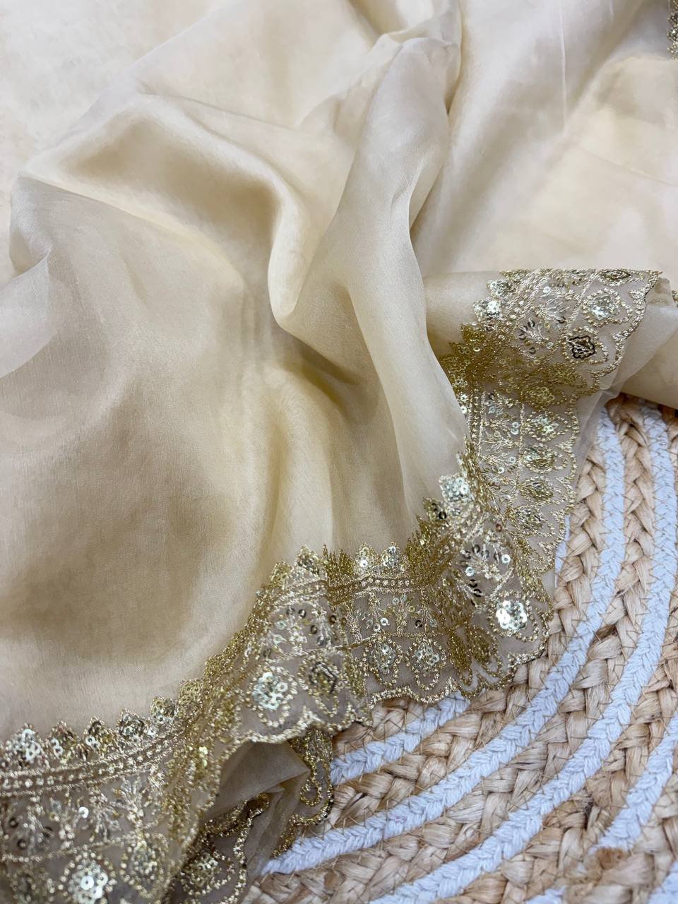 Luxurious Ivory Organza Dupatta with Heavy Golden Sequin & Zari Cutwork Border – Perfect for Weddings & Festive Layering