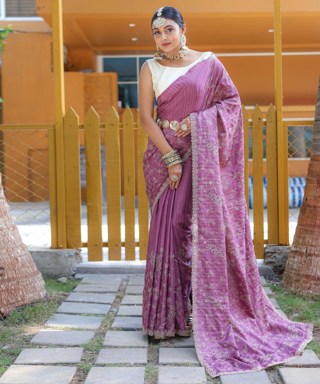 Women’s Royal Prussian Blue Georgette Saree with Intricate Silver Thread & Mirror Work Embroidery – Perfect for Festive & Wedding Celebrations