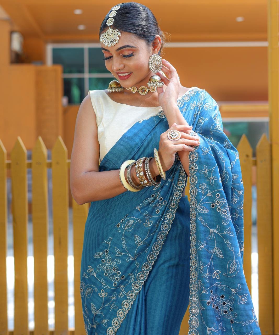 Women's Royal Prussian Blue Georgette Saree with Intricate Silver Thread & Mirror Work Embroidery – Perfect for Festive & Wedding Celebrations - Image 3