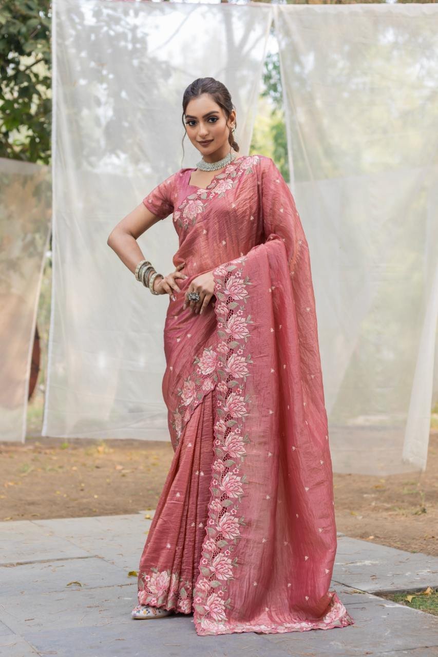 Women’s Pristine White Organza Saree with Exquisite Pink & Green Floral Thread Embroidery – Complete with Matching Embroidered Blouse for Festive & Summer Wear