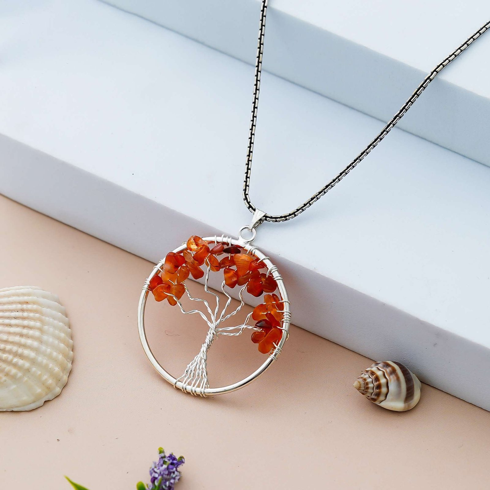 Carnelian Pendant Tree of Life Crystal Stone Pendant Locket with Metal Chain for  Healing Crystal Healing Gemstone Size 35-40 mm Carnelian